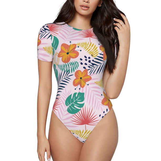 Fotbe Tropical Plants Body de Mujer con Cuello Redondo y Mangas Cortas, Sin Mangas Ajustado, Suave, Cómodo y Básico-Medium
