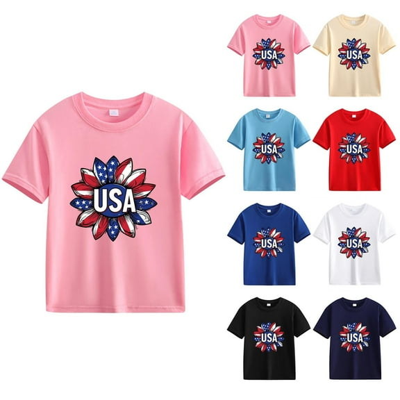 OKSALE USA Sunflower Graphic T Shirts for Boys Red White and Blue Patriotic T-Shirt for Toddler Baby Boys Girls 4th of July Tops USA Stars Short Sleeve Tees Fourth of July Outfit