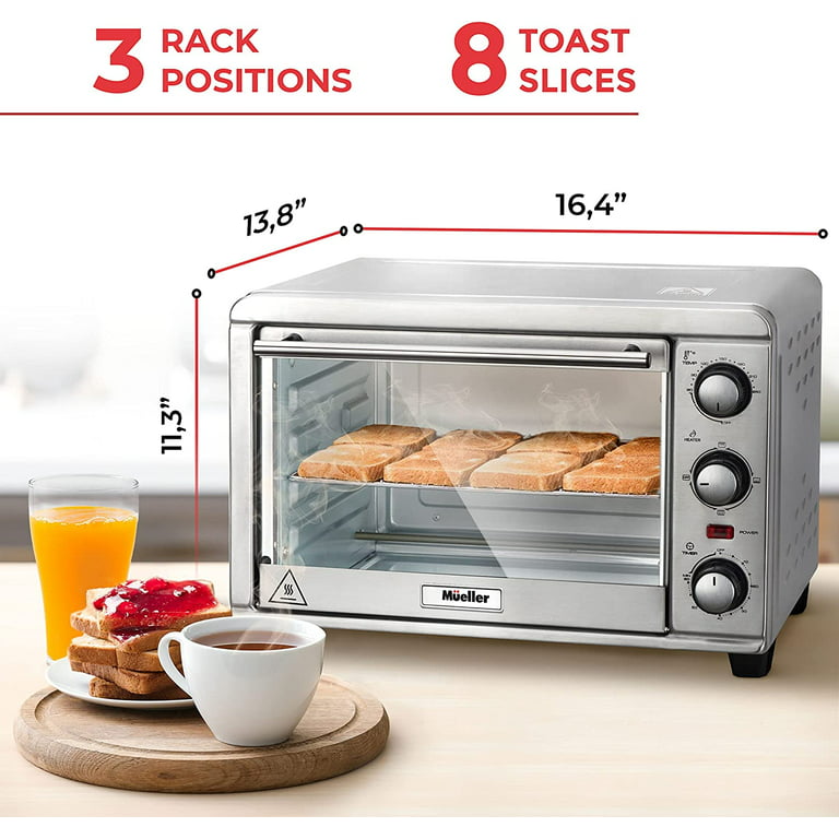 Mueller AeroHeat Convection Toaster Oven, 8 Slice, Broil, Toast, Bake,  Stainless Steel Finish, Timer, Auto-Off - Sound Alert, 3 Rack Position