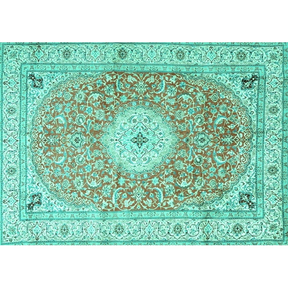 Ahgly Company Machine Washable Indoor Rectangle Medallion Turquoise Blue Traditional Area Rugs, 2' x 4'