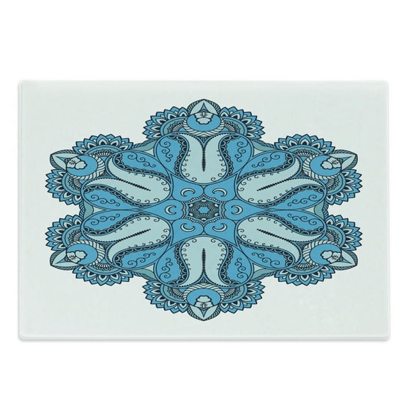 Mandala Cutting Board, Old Aged Artisan Occult Power with Tulip Petal and Crescent Moons Design, Decorative Tempered Glass Cutting and Serving Board, Large Size, Blue, by Ambesonne