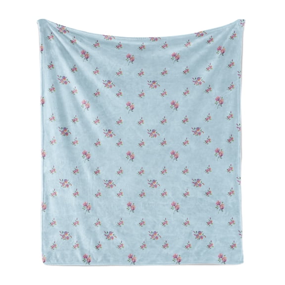 Floral Soft Flannel Fleece Blanket, Beauty of the Roses Pure Love Thorns Exquisite Seamless Illustration, Cozy Plush for Indoor and Outdoor Use, 50" x 70", Pale Blue and Dark Magenta, by Ambesonne