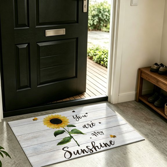 Front Door Mat Indoor Outdoor Rustic Pastoral Sunflower Bee Non-Slip Doormat Low Profile Patio Porch Entryway Rug 16x24in Flower on White Wood Board