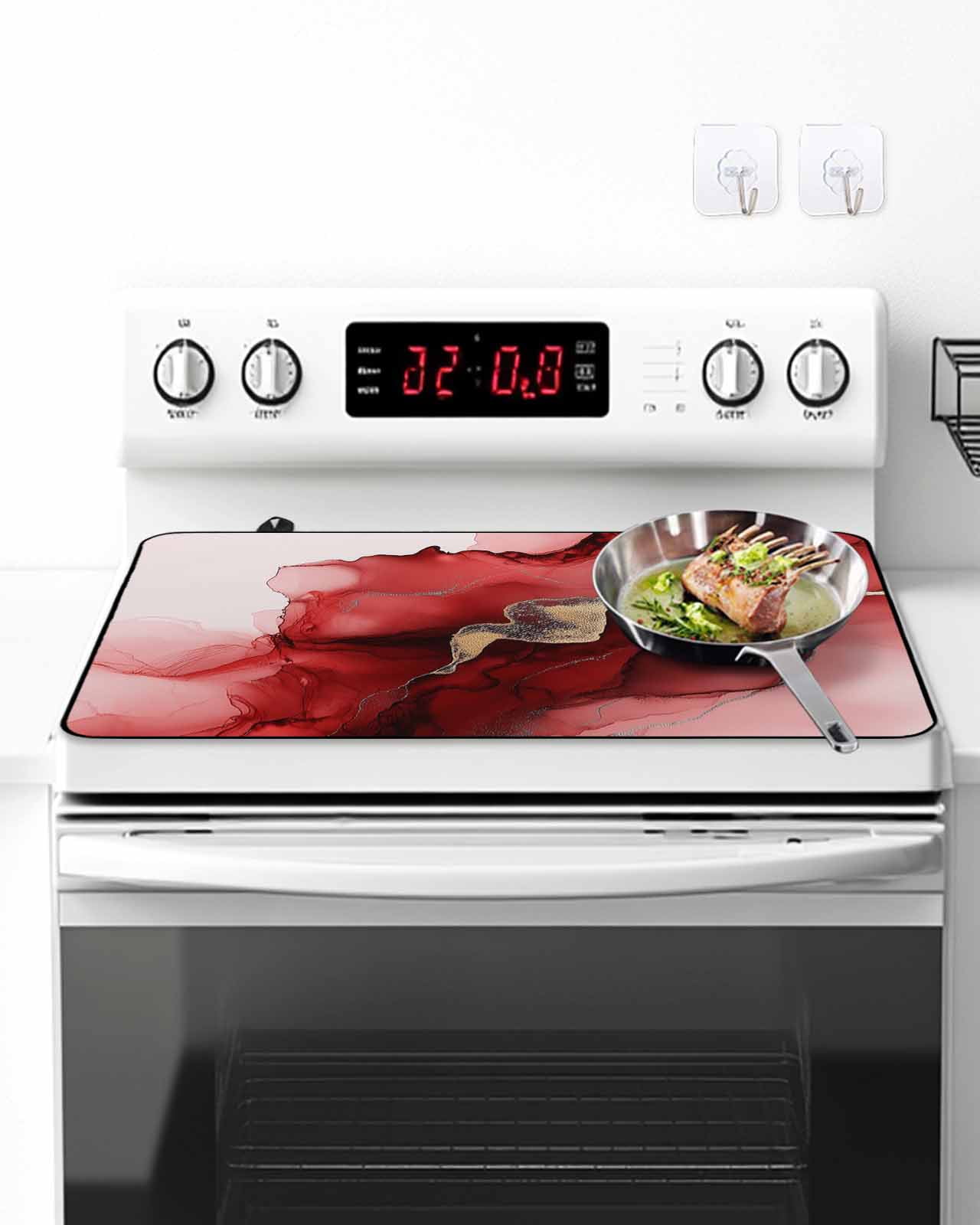Stove Top Covers for Electric Stove, Red Marble Kitchen Glass Ceramic Electric Cooktop Covers 36"x21", Modern Ombre Abstract Ink Painting Art HeatResistant Oven/Countertop/Dishwasher/Sink Protector