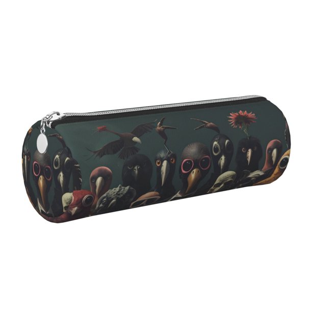 Easygdp Stylish Avian Gathering para Estuche de Lápices Cilíndrico de Cuero con Cremallera, Organizador de Lápices de Cuero para Escuela, Oficina y Viajes