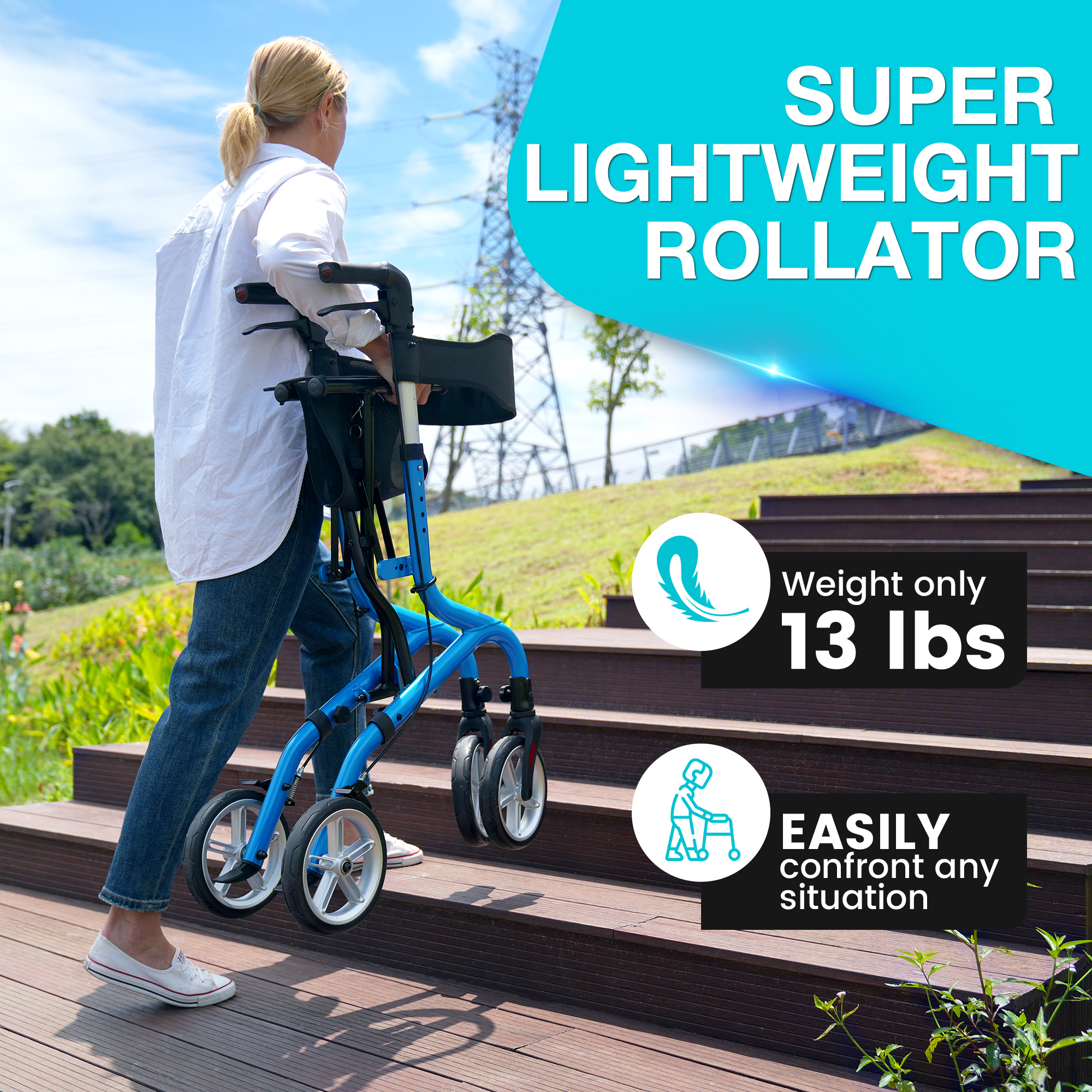 PLANET WALK Super Lightweight Rollator for Seniors, Foldable with Seat & 8" All-Terrain Wheels, Durable Aluminum Frame for Travel - Blue
