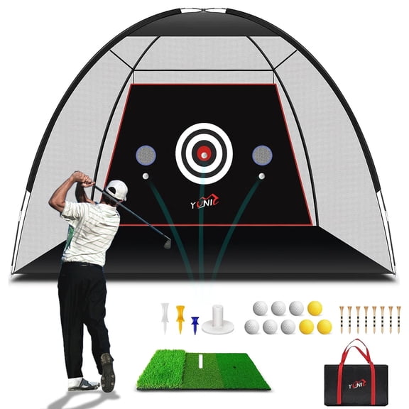 YUNIC Golf Net, 10 ft x 7 ft Golf Practice Net with Target Cloth and Tri-Turf Mat for Backyard Driving Chipping Training Swing, Indoor & Outdoor Training Hitting Aid Net