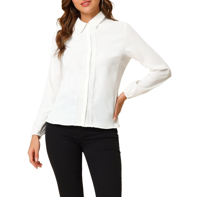 Camisa de manga larga blanca con cuello de solapa y decoración de encaje de INSPIRE CHIC para mujer, talla L
