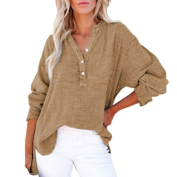 LIJCC Women'S Loose Pullover Fall Long Sleeve Pleated Button Long Sleeve Top for Women Womens Casual Button V Neck Long Sleeve Shirts Oversized Solid Blouses Tops