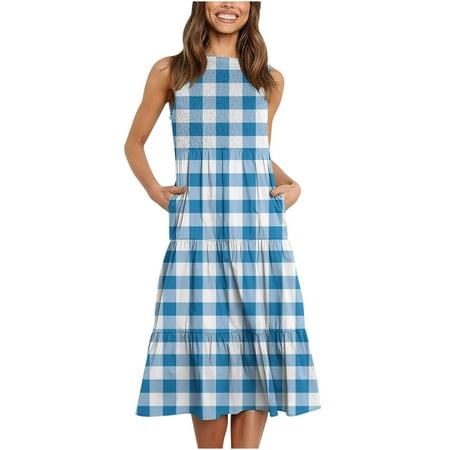 

Black Dresses for Women Pink Dress for Women Women s Boho Summer Printed Sleeveless Smocked Flowy Tiered Party Dress Beach Dress with Poket on Clearance Dress Pants Women Skims Dupes Dress Blue S