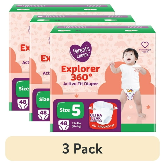 (3 pack) Parent's Choice Explorer 360 Active Fit Diaper Pants, Size 5, 48 Count