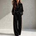 thumbnail image 2 of Szluipve 2 Piece Sets for Women Velour Tracksuit 2 Piece Outfit Half Zip Stand Collar Top Leopard Print Side Stripe Wide Leg Pants Casual Loungewear Set Black XL, 2 of 7