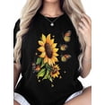 thumbnail image 2 of Women's T-Shirt Sunflower Retro Yellow Flower Butterfly Farm Short Sleeve Casual Tee Classic Crew Neck T Shirt for Women Black, 3XL, 2 of 7