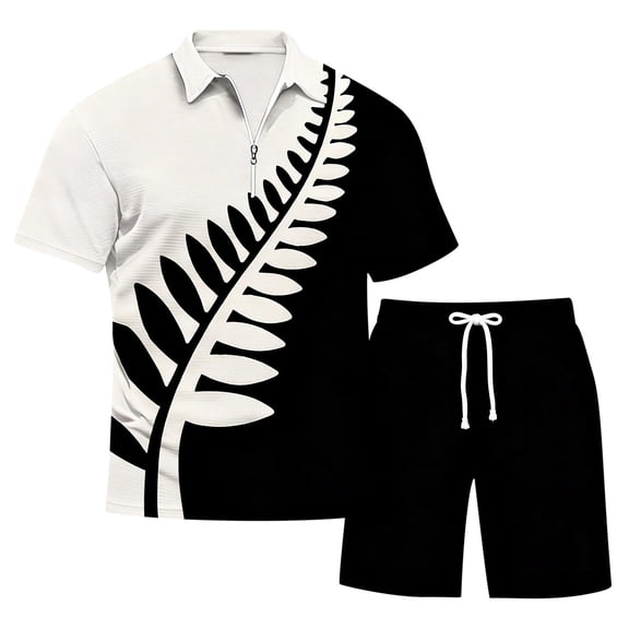 IWRICH Men's 2 Piece Summer Outfits Leaves Graphic Quarter Zip Short Sleeve Collared Shirts and Shorts Set Casual Tracksuit Black XL