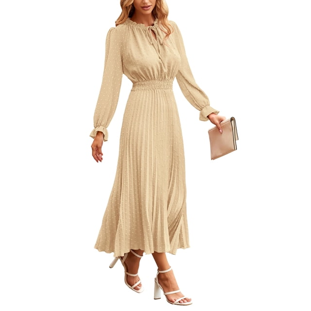 Vestido PRETTYGARDEN Midi Línea A con Volantes y Swiss Dot Color Albaricoque Talla S