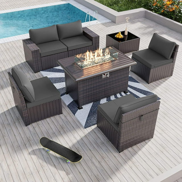 Kullavik 7 Pieces Outdoor Patio Furniture Set with 43" Gas Propane Fire Pit Table PE Wicker Rattan Sectional Sofa Patio Conversation Sets,Grey