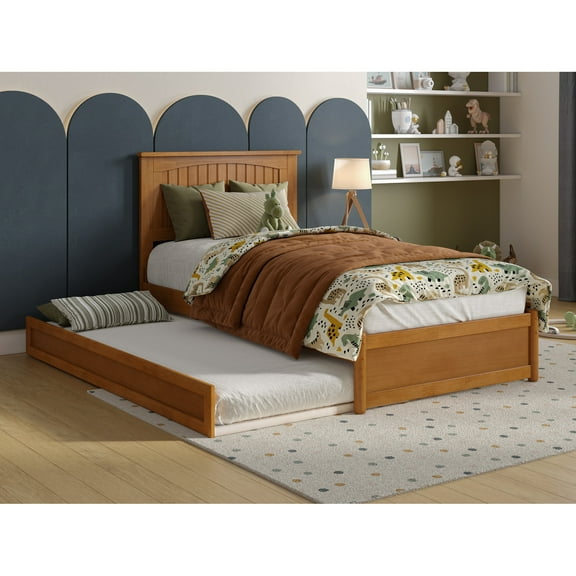 Malta Twin Wood Platform Bed with Panel Footboard & Twin Trundle in Light Toffee