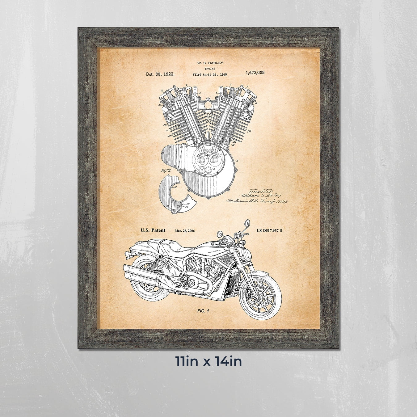 Harley Davidson Decor Framed Engine and 2006 Framed Motorcycle Patent Print, Unique Harley Davidson Wall Art, Garage Décor, Motorcycle Gifts For Men, 2137BW