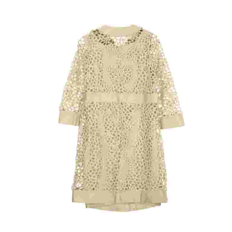 khaki hollow out lace dress Anewsta Elegant Holiday Water-Soluble Hollow Floral Patchwork Mesh Dress With Flared Hem, Khaki, Spring/Summer
