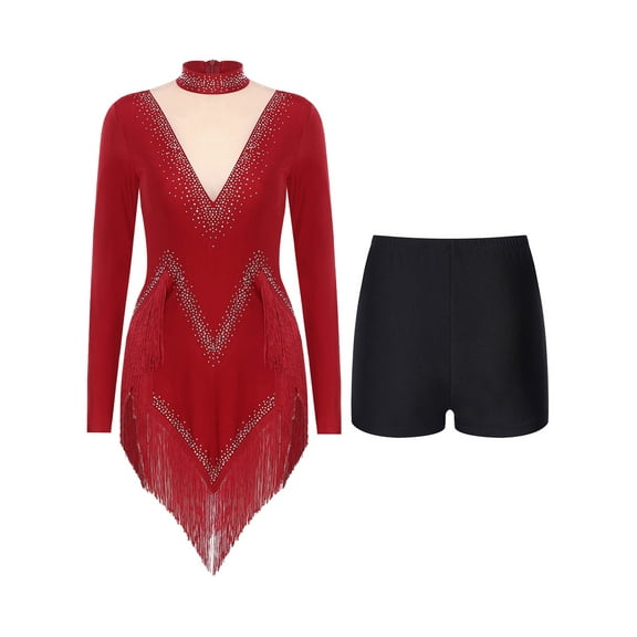 Xnihocha Women Latin Jazz Dance Performance Outfit Long Sleeve Shiny Tassel Hem Leotard Dress Shorts Burgundy XL