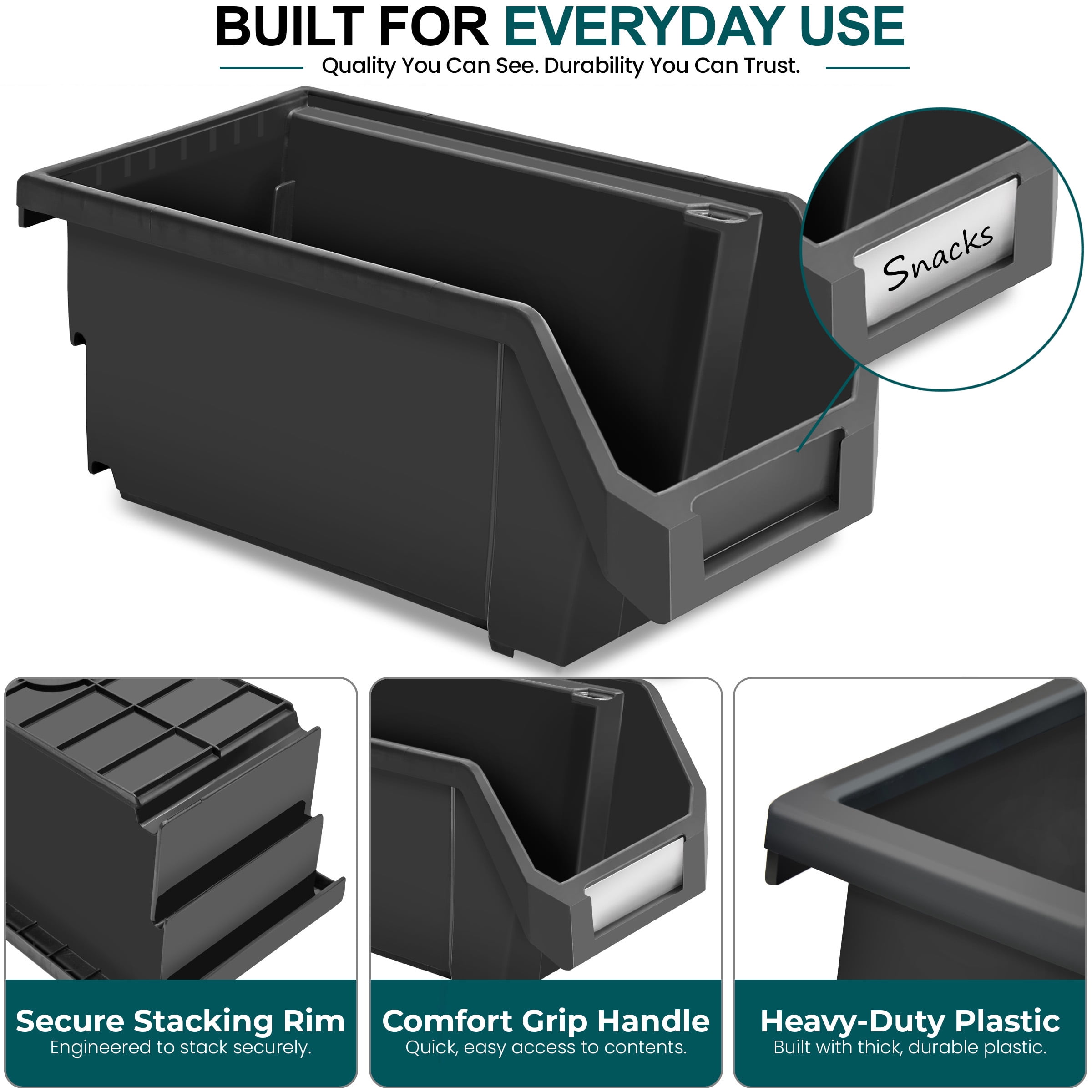 Sorbus Black Stackable Storage Bins 8-Pack, Open Front Organizers for Pantry, Closet, and Office