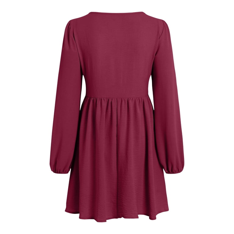 Gewsey Womens 2025 Casual Dress Smocked Crewneck Button Up Long Sleeve Empire Waist A-Line Mini Dress , L, Women's, Size: Large, Red