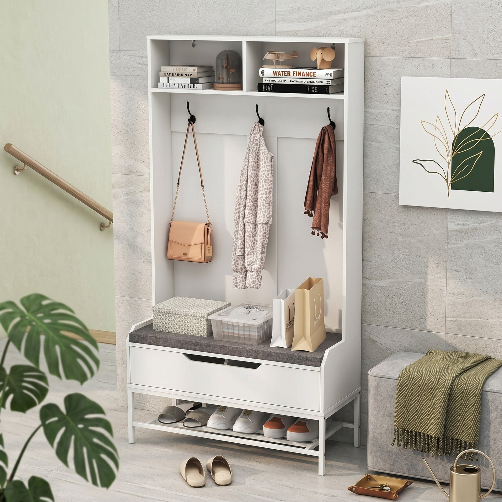 Furnibear 69 Inch Tall Hall Tree 4 in 1 Coat Rack with Cushioned Storage Bench 3 Hooks and Shoe Rack for Entryway, White