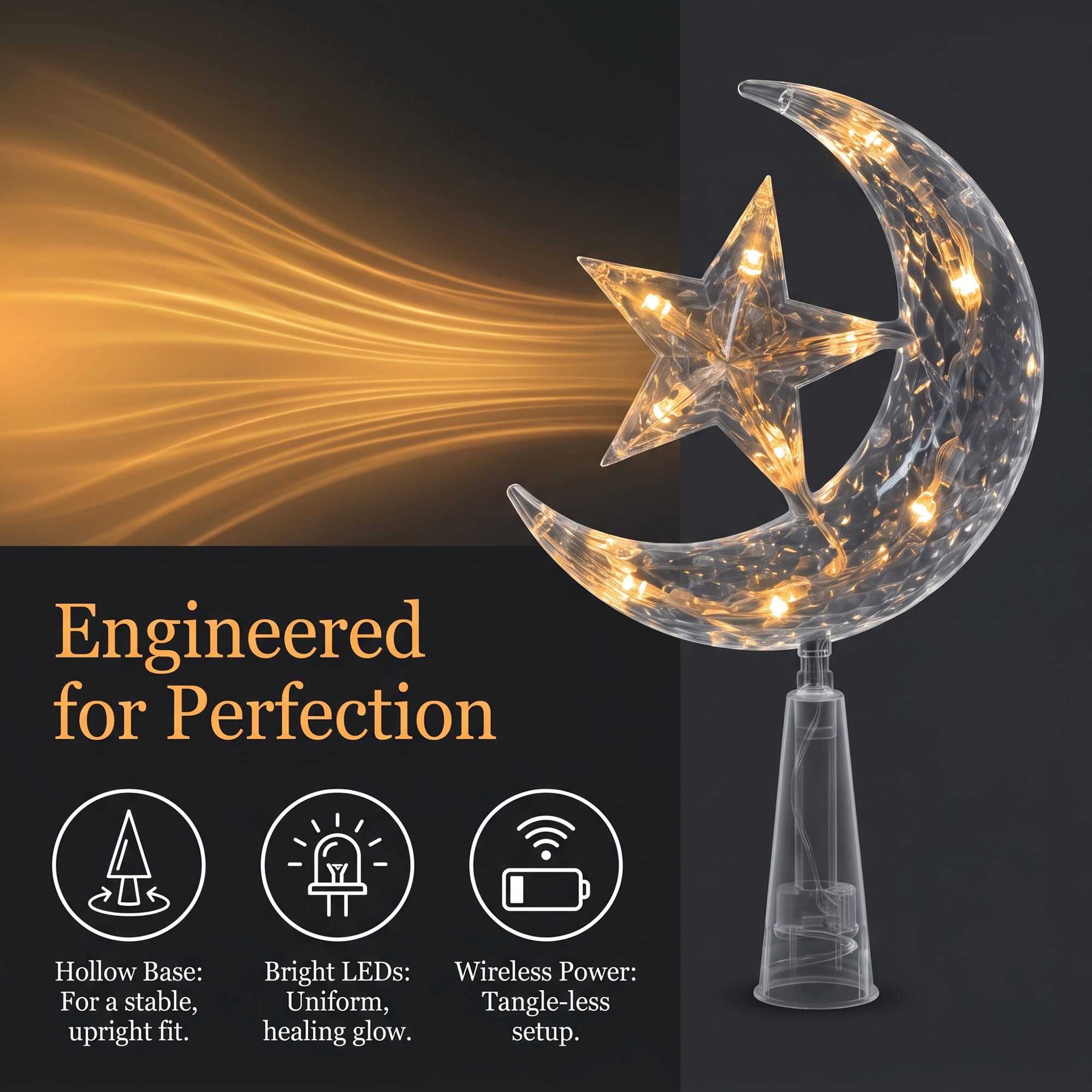 Unique Bargains Tree Finial Battery Operated Spring Mount Star Moon Warm White Lights 7.9"
