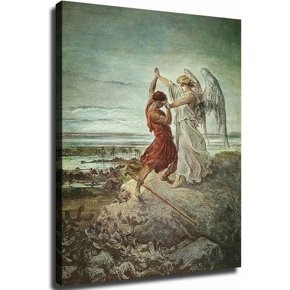 Gustave Dore Jacob Wrestling with The Angel in Color Poster Canvas Print HD Photo Wall Art Home Living Room Bedroom Cafe Office Modern Background Decoration (16x20inch Framed)