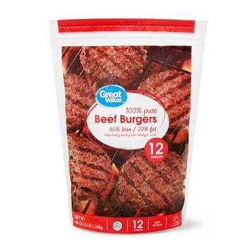 Great Value Beef Burgers, 80% Lean/20% , 3 lbs, 12 Count (Frozen)