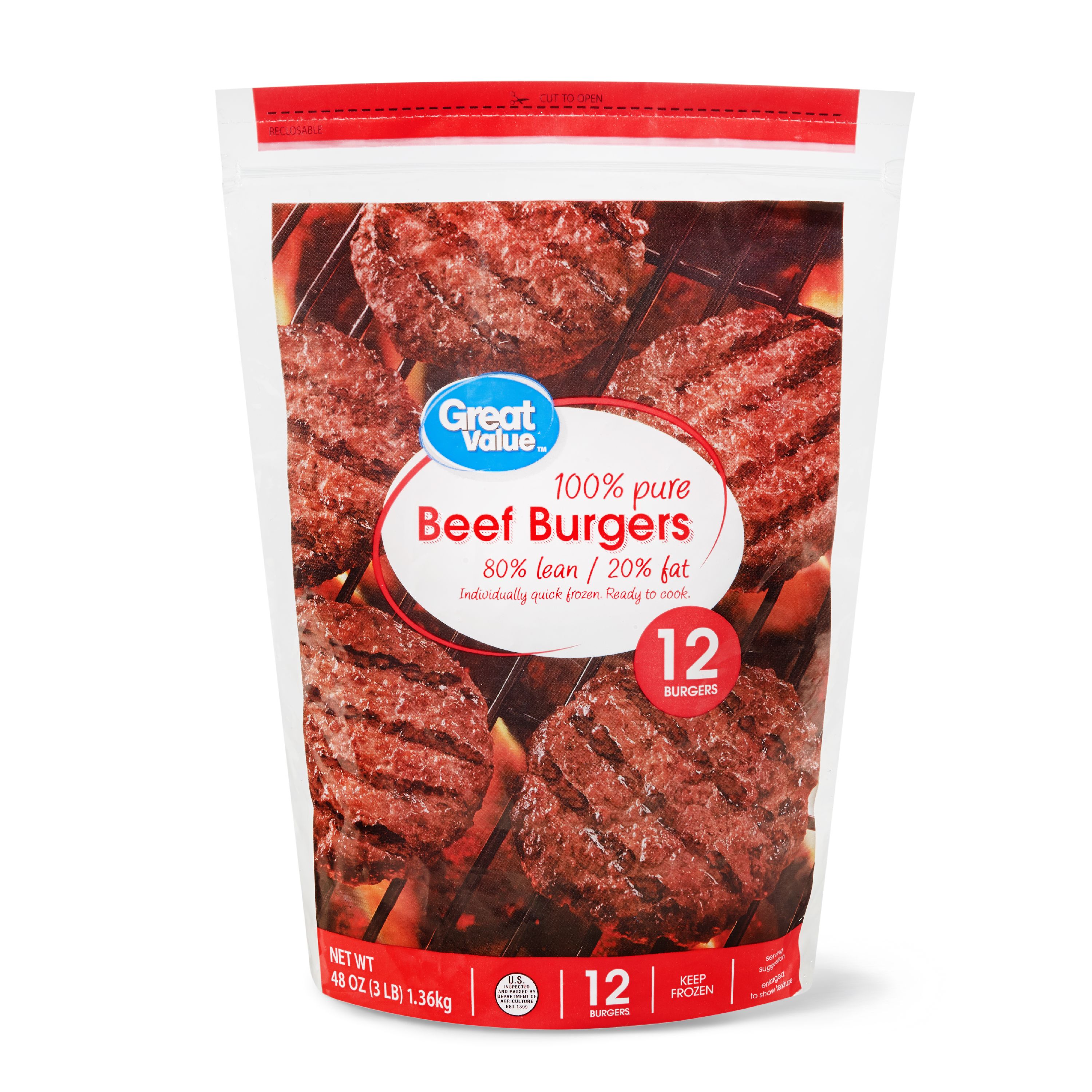 Great Value Beef Burgers 80 Lean 20 Fat 3 Lbs 12 Count Frozen 