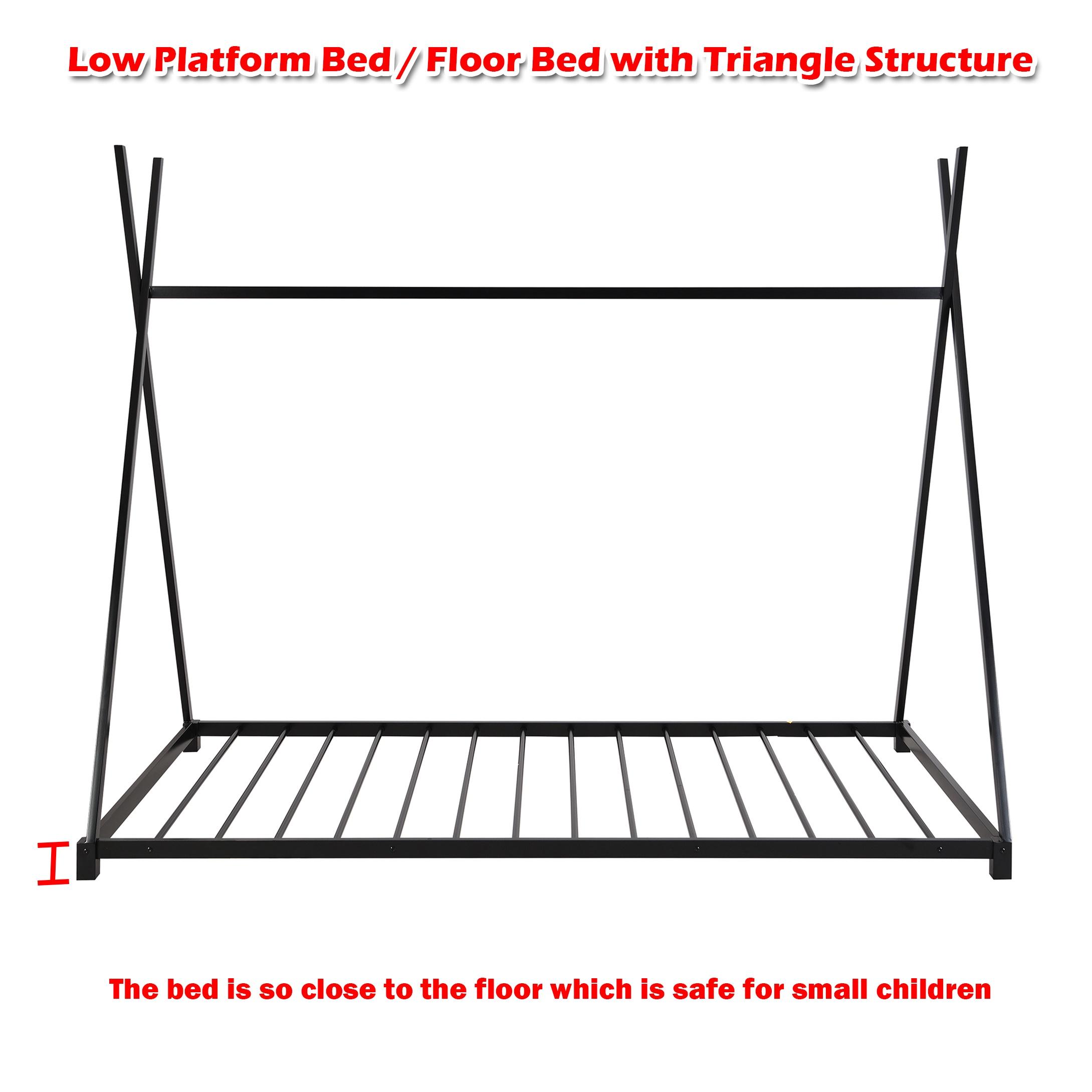 Bellemave Twin Size Montessori Floor Bed Metal Tent Bed Frame with Triangle Structure and Slat Support House Bed Teepee Bed Frame, No Box Spring Needed, Black