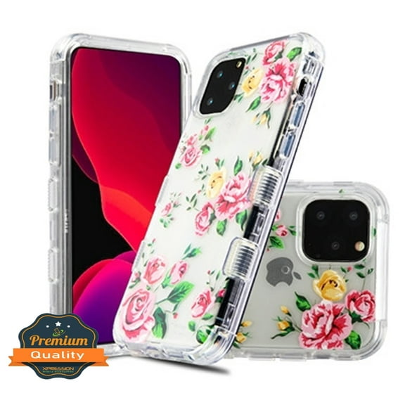 Apple iPhone 11 PRO Phone Case Tuff Hybrid Shockproof Three Layers Rubber Bumper Heavy Duty Cover [Impact Resistant] TPU Silicone Protective Pink Roses Flower Cover for Apple iPhone 11 Pro (5.8")