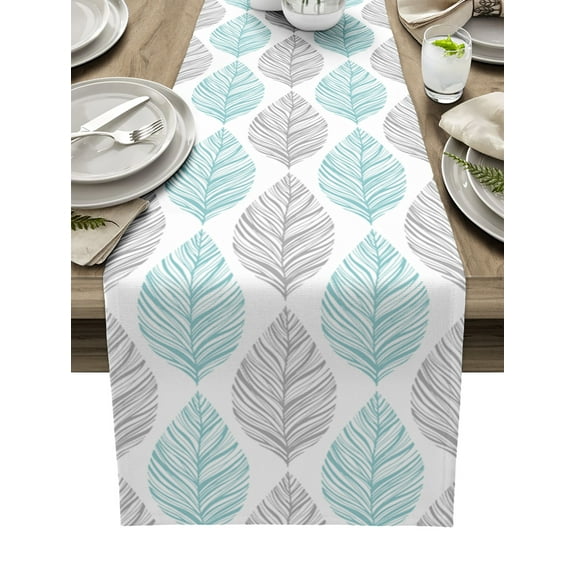 Table Runner Dresser Scarves 90 Inch Long, Abstract Seamless Plants Leaves Linen Dining Table Runners Grey and Teal Stripes on White Tabletop Scarf for Wedding Holiday Party Kitchen