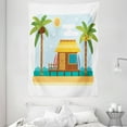 thumbnail image 1 of Fiji Tapestry, Digital Graphics of a Bungalow House on a Beach Surfboards and Palm Trees, Wall Hanging for Bedroom Living Room Dorm Decor, 60W X 80L Inches, Baby Blue Multicolor, by Ambesonne, 1 of 2