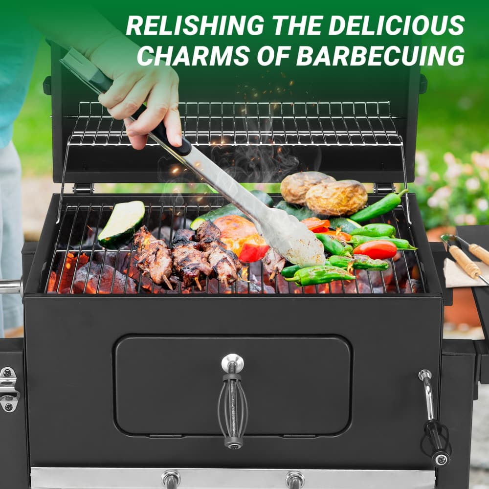 Hassch Outdoor Charcoal Grill with 2 Wheels, Heavy Duty Cooking Grill with Foldable Side Table, Hanging Hooks and Storage Shelf for Picnic, Party, Camping, Black