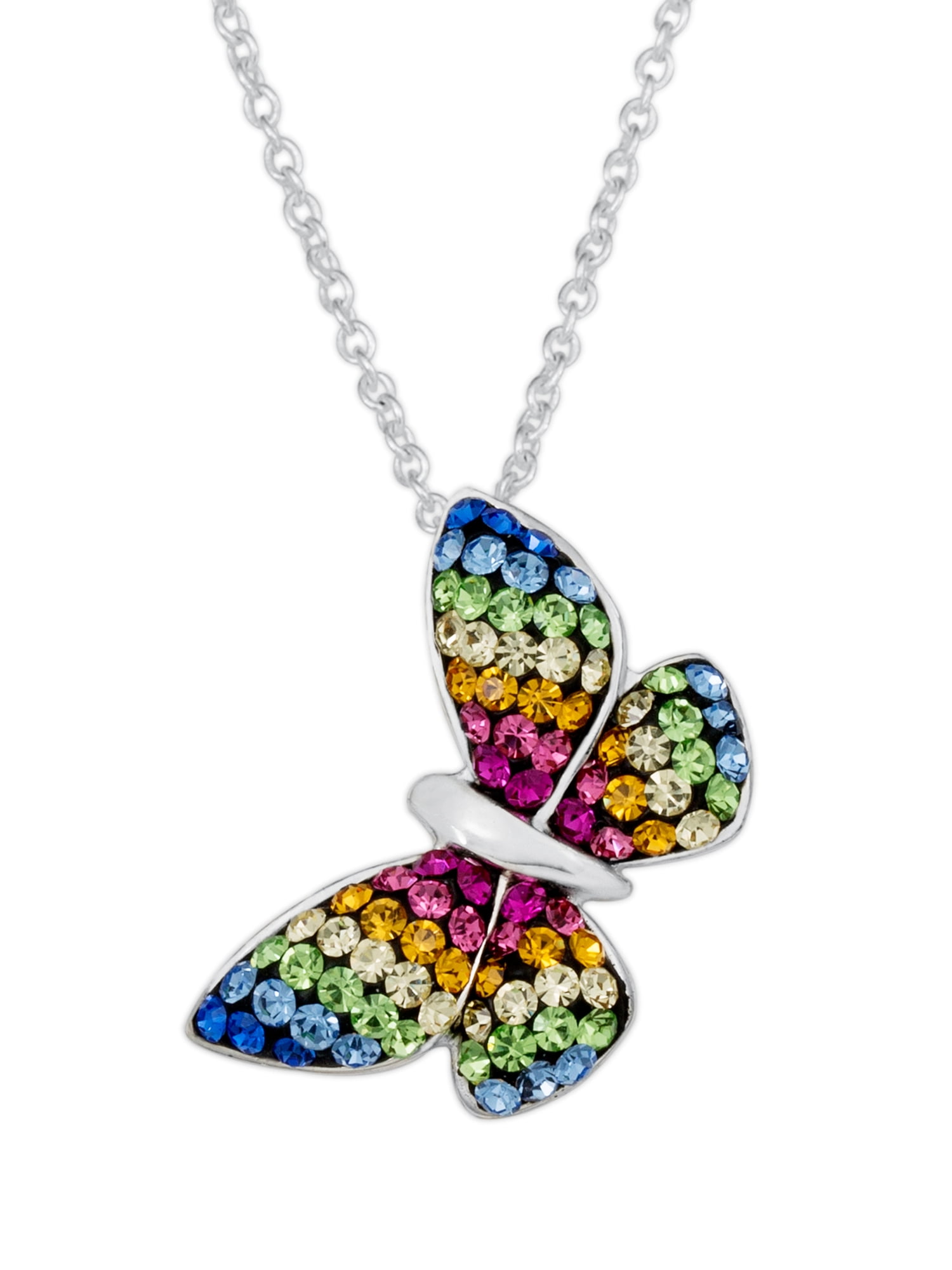 Fine Silver-Plated Multi-Crystal Butterfly Pendant, 18