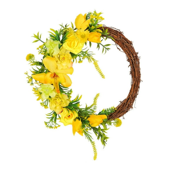 TopLLC Spring Yellow Roses Withered Branches Wreath Door Hanging Small Yellow Flowers Outdoor Courtyard Rattan Ring door holder