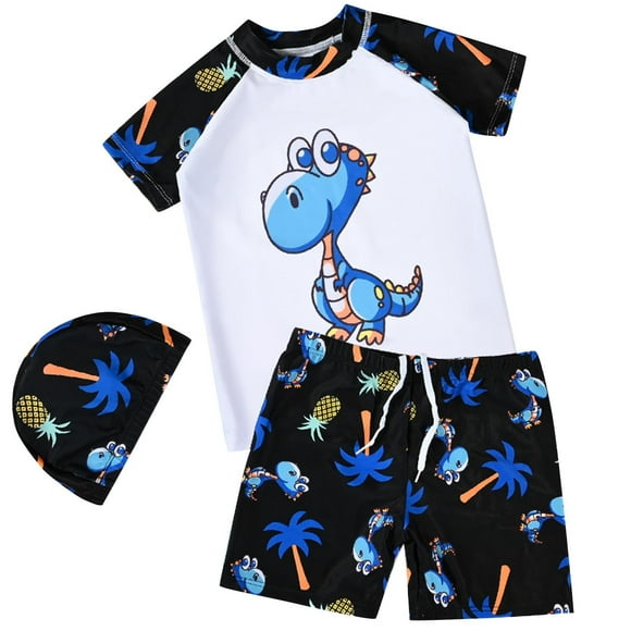 Odeerbi 1-11 Años Niños Traje de Baño de Entrenamiento Atlético de Tres Piezas Con Conjunto de Gorra de Baño Traje de Baño de Surf de Playa de Verano Ropa de Playa Linda de Dinosaurio
