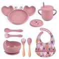 thumbnail image 2 of Cuenco de succión antideslizante de silicona para bebé, plato, cuchara, juego de tazas, babero impermeable, platos de cangrejo para bebé, tazón de alimentación de comida para niños sin BPA, 9 piezas, 2 of 5