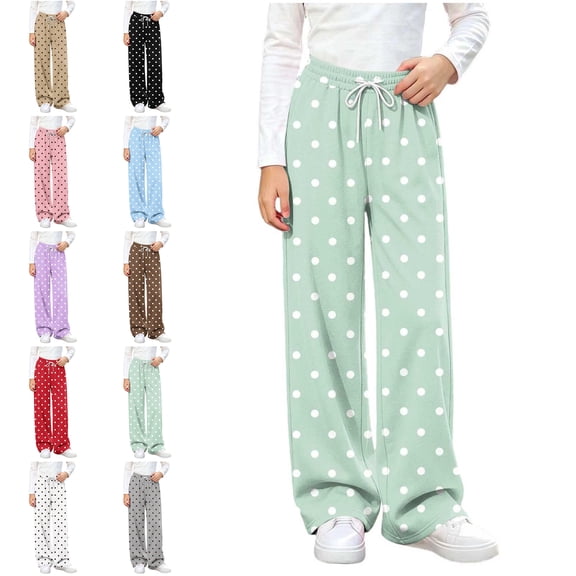 MLCDZ Girls Polka Dot Pants Baggy Wide Leg Sweatpants Fall Lounge Drawstring Elastic Waist Pants with Pockets Straight Leg Pull On School Gym Joggers
