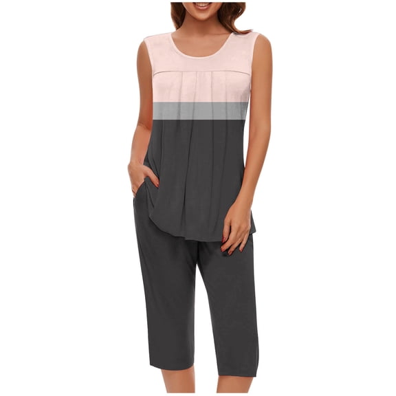 Cmfcve Summer Capri Pajama Sets for Women 2 Piece Soft Cute Pjs Outfit Round Neck Sleeveless Lounge Set