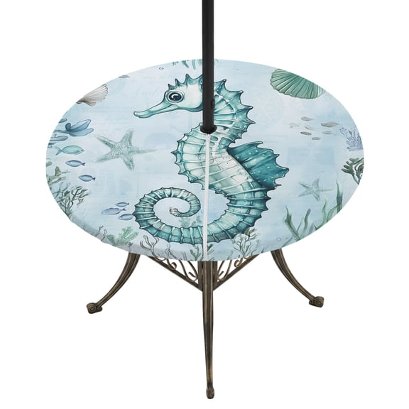 Round Outdoor Tablecloth with Umbrella Hole and Zipper, Coastal Seahorse Tablecloth with Elastic Waterproof, Ocean Nautical Starfish Seashells Coral Patio Table Covers for 36" - 44" Pool Tables