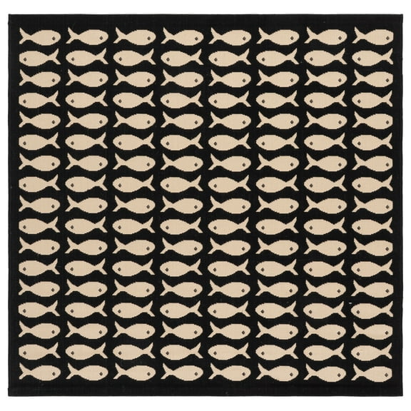 SAFAVIEH Courtyard Tranter Fishes Indoor/Outdoor Area Rug, Black/Beige, 4' x 4' Square