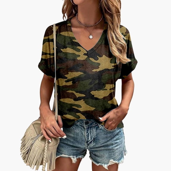 Womens Camo Short Sleeve Tops Camouflage Print Round Neck Tee Casual Short Sleeve Vacation T Shirts