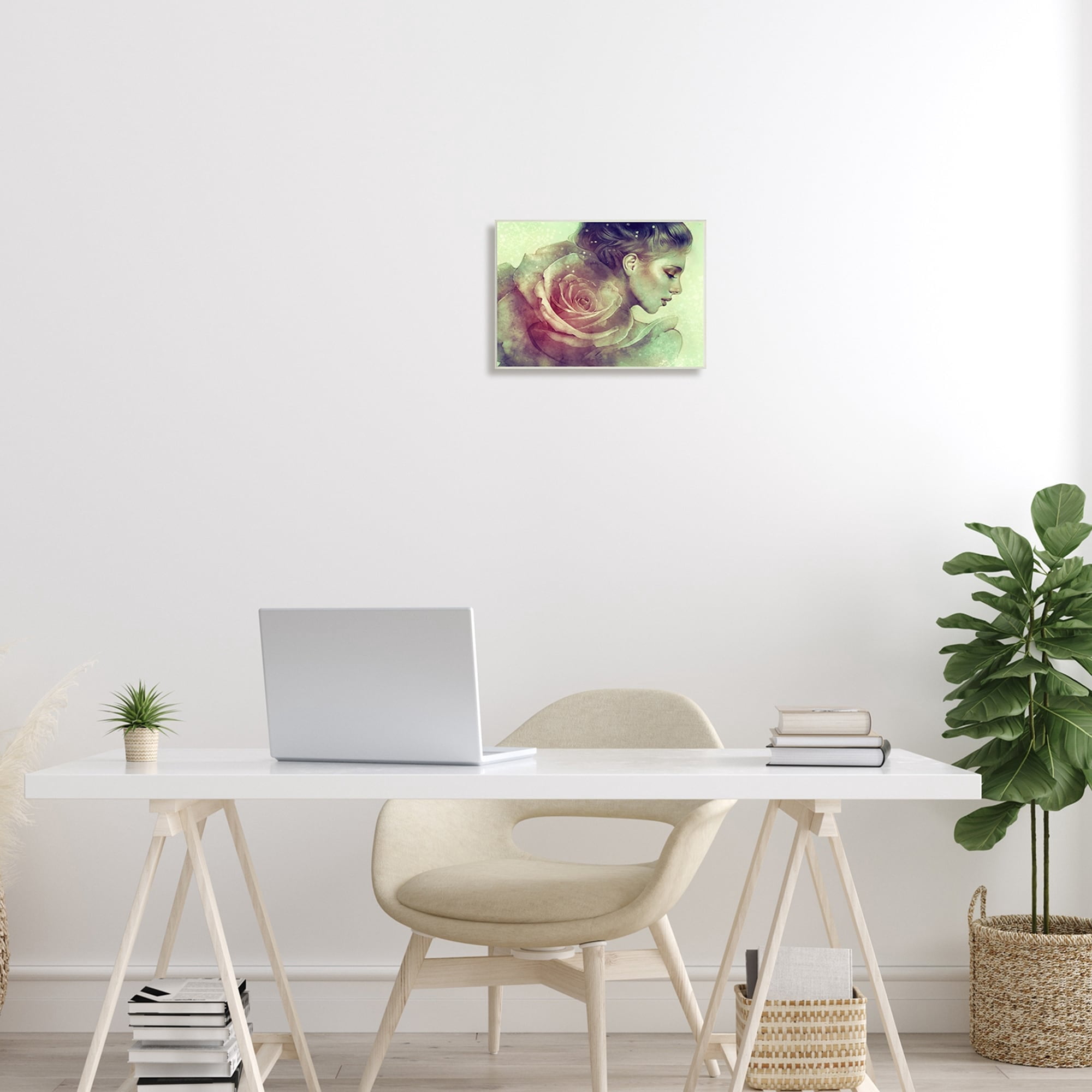 Detailed Woman Portrait Layered Pink Rose Blossom Botanical & Floral Painting Unframed Art Print Wall Art