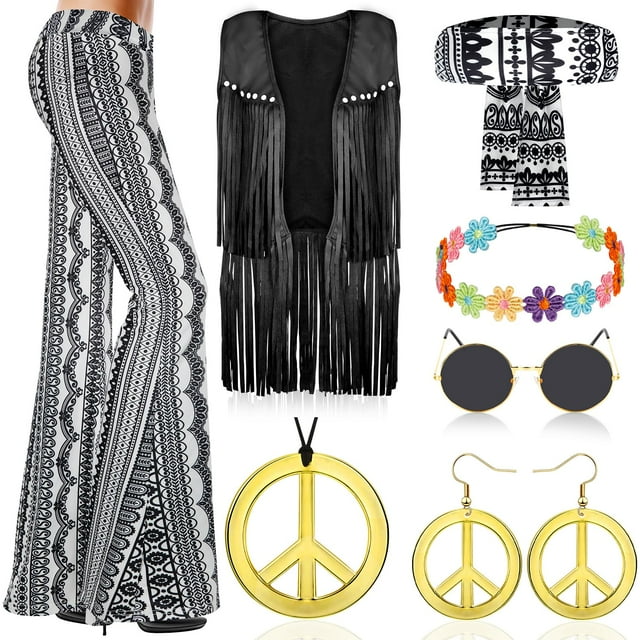 Conjunto de Disfraz Hippie para Mujer Mukum 8 Piezas Años 60 y 70 Negro M