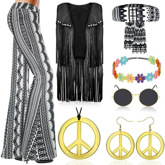 Disfraz Mukum Hippie 60s 70s para Mujer Fiesta de Navidad Negro-S