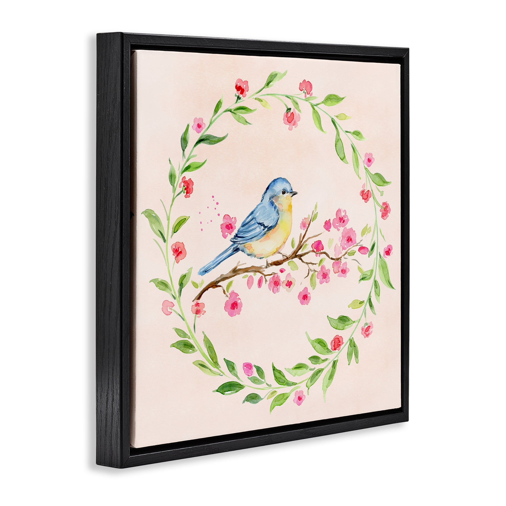 Spring Bird Wreath Perch Black Framed Floater Canvas Wall Art, design by Elena Fay