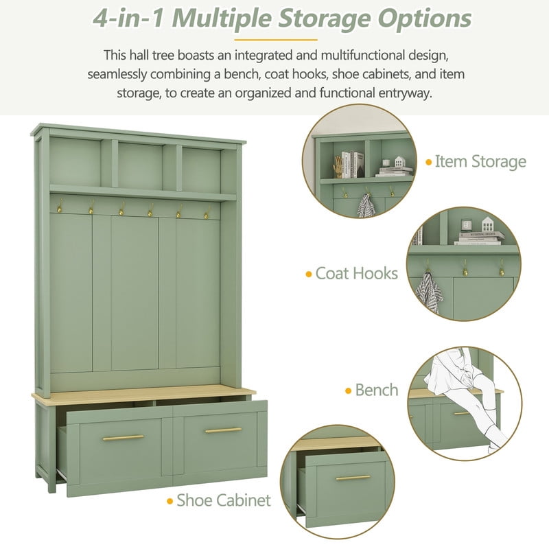 Versatile 4-in-1 Hall Tree with 6 Golden Hooks, Entryway Bench with 2 Drawers, Entryway Coat Rack with Top Storage for Living Room, Hallway